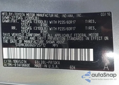 2016 Toyota Sienna Xle 8 Passenger z USA, uszkodzony, nr VIN 5TDYK3DC6GS725712